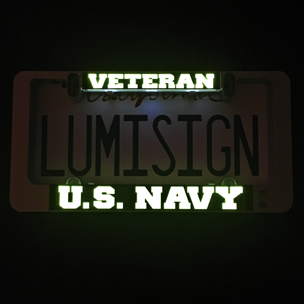 Illuminated LumiSign veteran U.S. Navy inserts with glowing yellow text