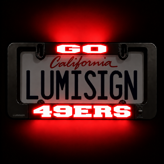 Car license plate frame with red LUMISIGN California 49ers display