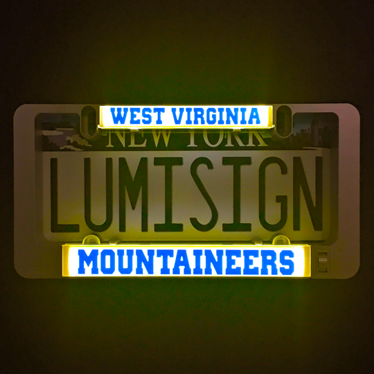 Illuminated LumiSign inserts: West Virginia and Mountaineers logos, blue and yellow