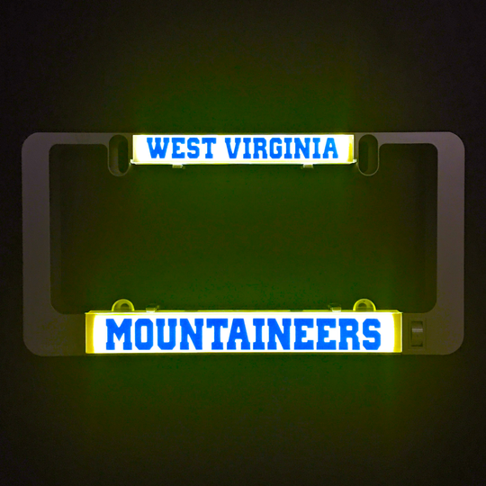 Illuminated LumiSign inserts: West Virginia and Mountaineers logos, blue and yellow