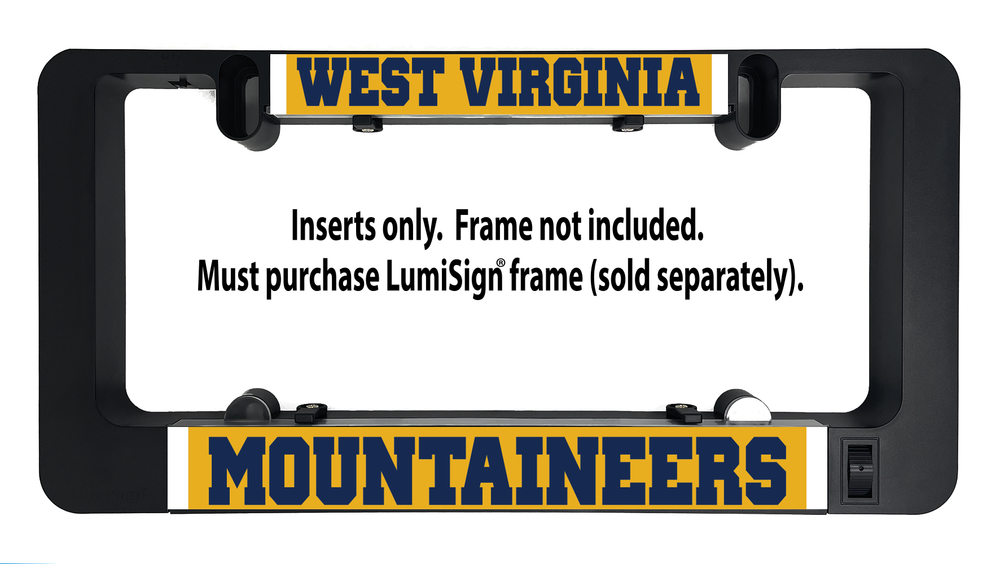 LumiSign inserts in a black holder with West Virginia and Mountaineers logos