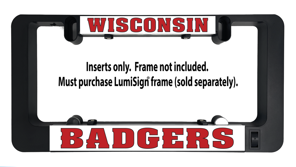 LumiSign Wisconsin Badgers inserts, red BADGERS banner; text notes frame not included