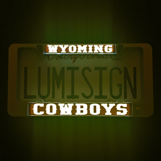 LuminSign insert showing glowing Wyoming and Cowboys text
