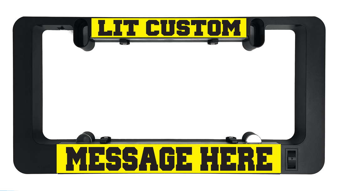 LumiSign frame with black bezel and yellow “MESSAGE HERE” illuminated insert