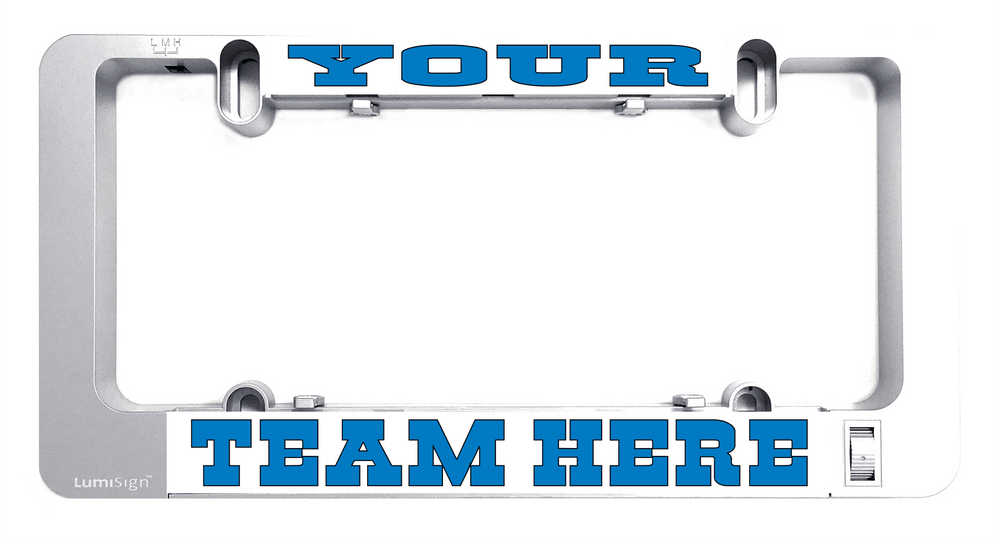 Grey lighted license plate frame with mounting brackets and blue team text insert