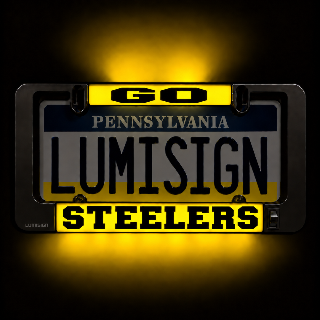 Lumisign Steelers illuminated license plate frame with yellow and black graphics