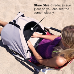 Laptop tent with clear viewing panel and sun glare shield, light gray and black