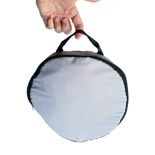 Round laptop tent pouch with black trim and adjustable top strap